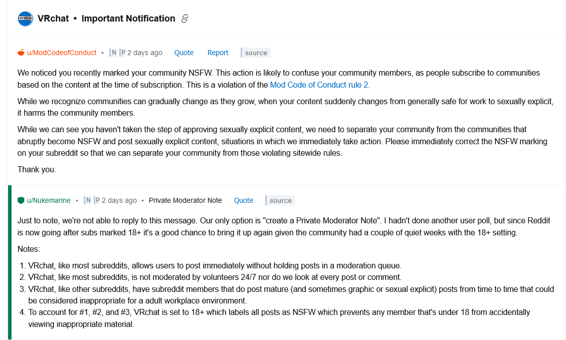 An image of Reddit's Code of Conduct account asking Nukemarine to take the VRChat subreddit off of NSFW mode.