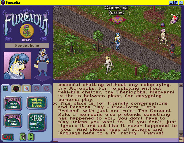 A screenshot of Furcadia, an isometric game with a lot of buttons and intro text