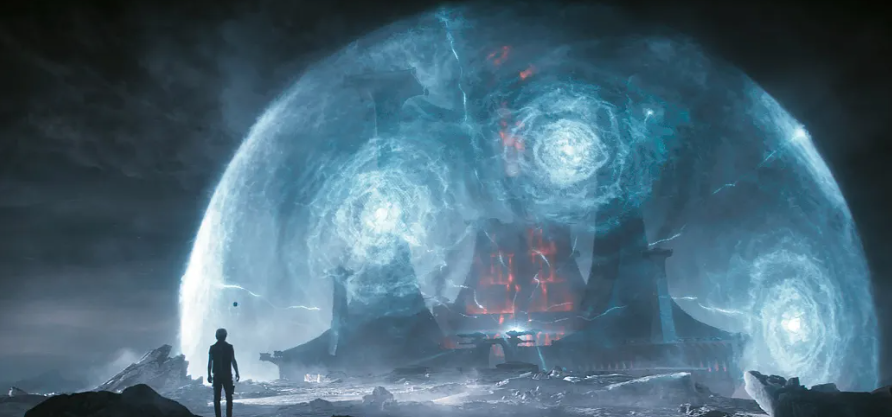 A virtual world from a movie with a big nebulous shield around a... weird dark map i dunno