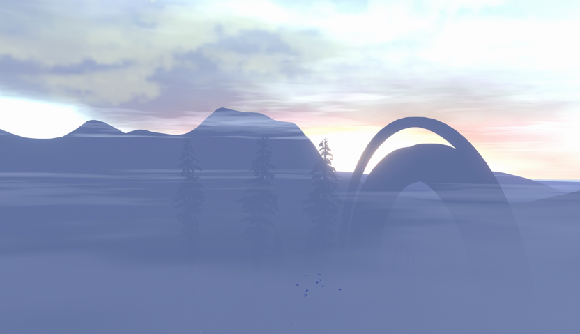 A foggy world map with the shadows of a gate and several trees